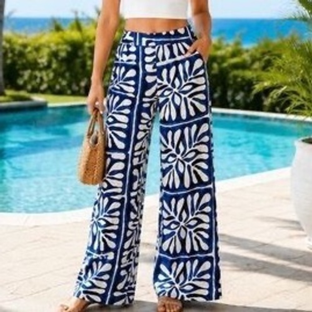 Milk & Honey Blue White Tropical Palm Print Wide Leg Palazzo Pants Boho Summer b
